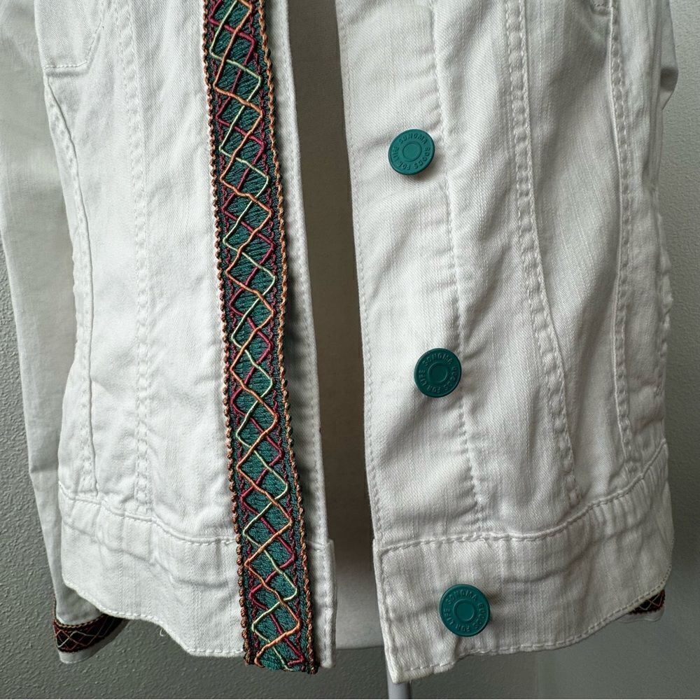 White Denim Jacket Custom Floral Design Painted Back SZ L - Picture 9 of 15